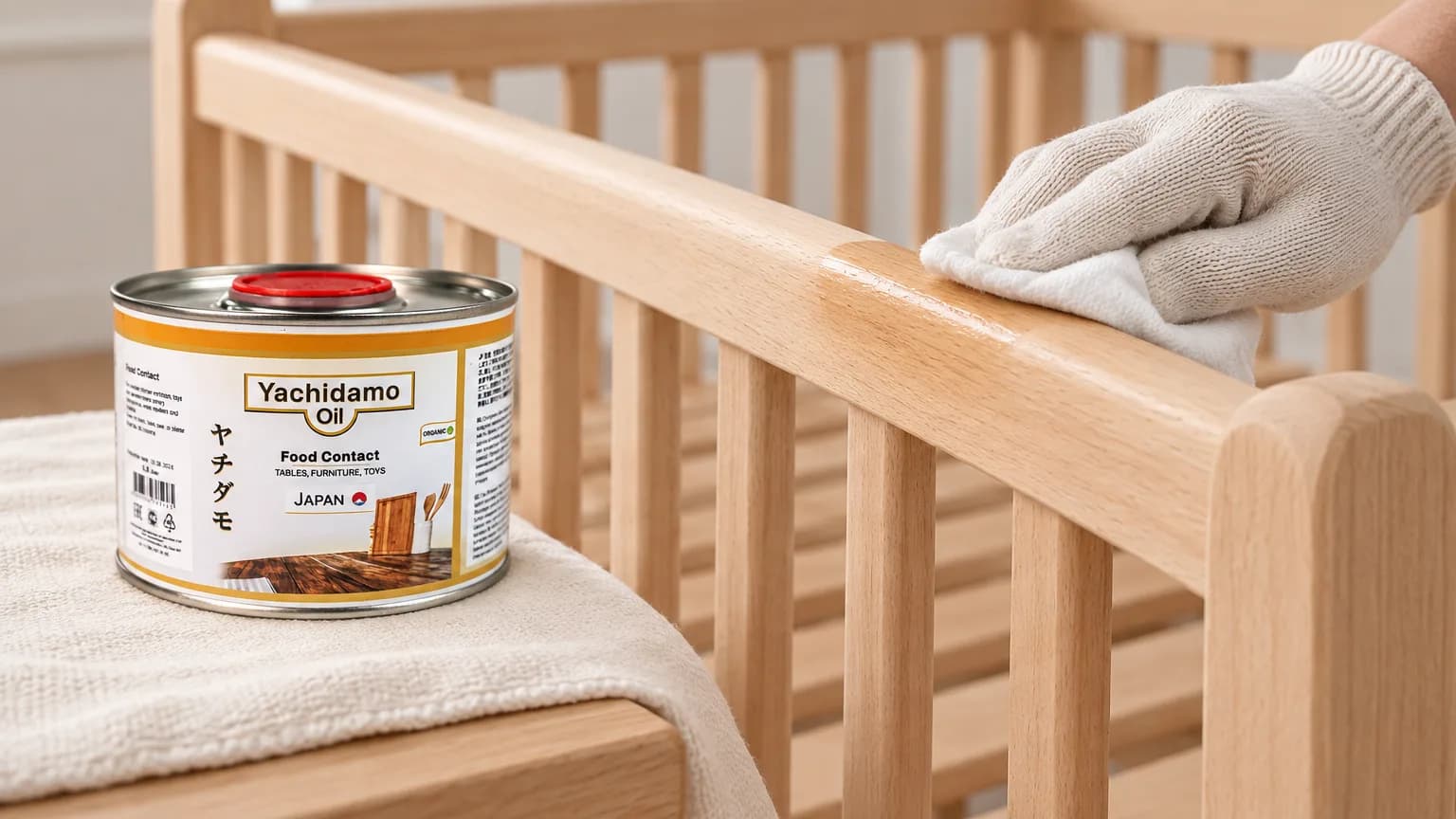 Банка Yachidamo Oil Food Contact стоит рядом с буковой детской кроваткой, поручень которой промасливают белой салфеткой.
