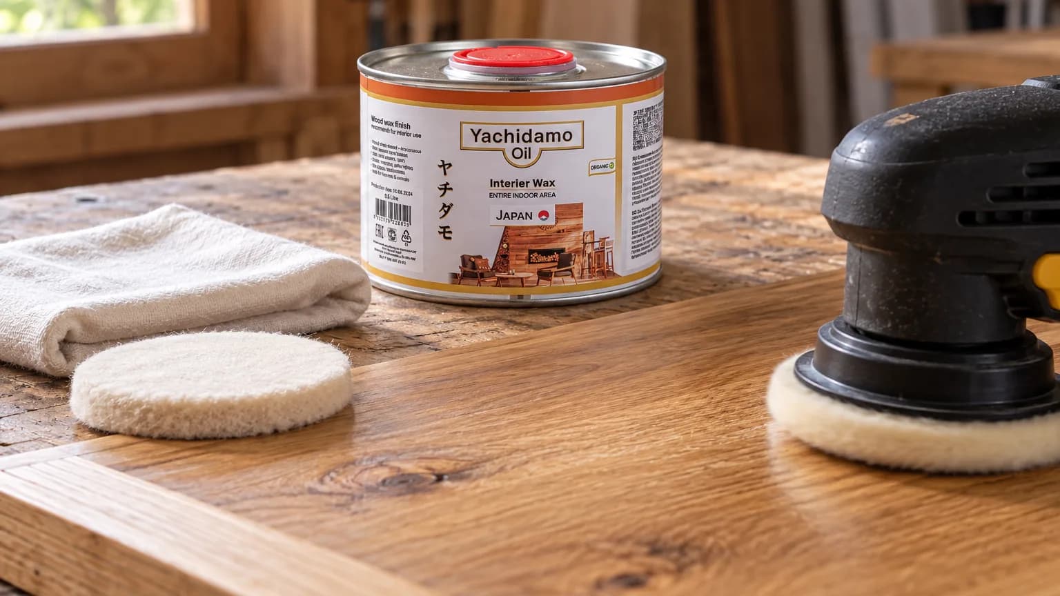 Банка Yachidamo Oil Interior Wax стоит рядом с дубовой панелью, белой тканью, войлочным кругом и полировальной машиной.