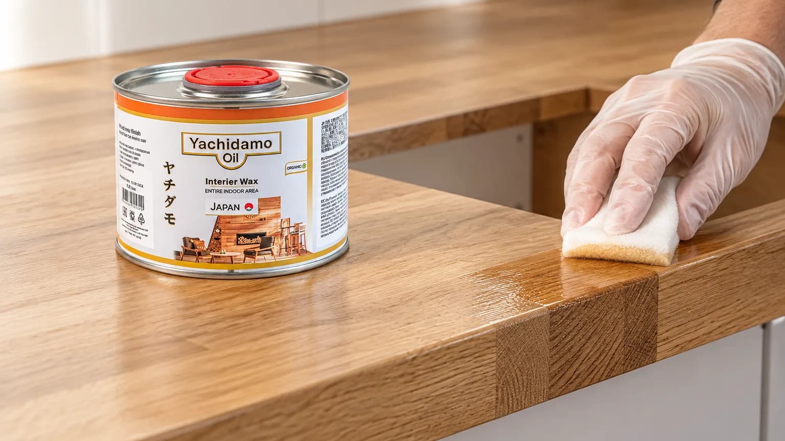Банка Yachidamo Oil Interior Wax стоит на дубовой столешнице, торец выреза под мойку которой промасливают белой губкой.