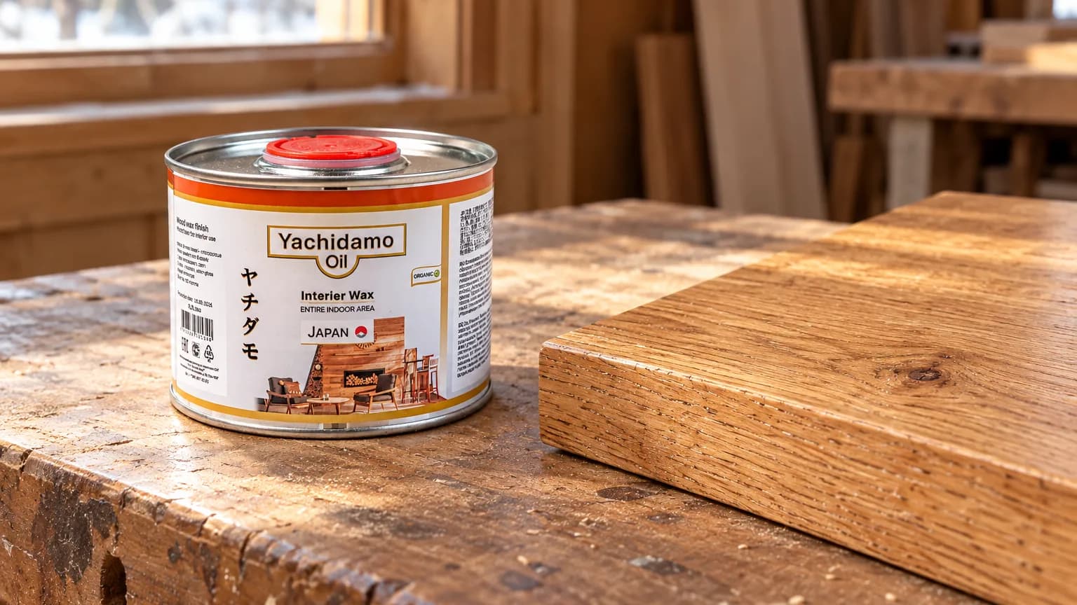Банка Yachidamo Oil Interior Wax рядом с дубовой мебельной деталью на рабочем столе.