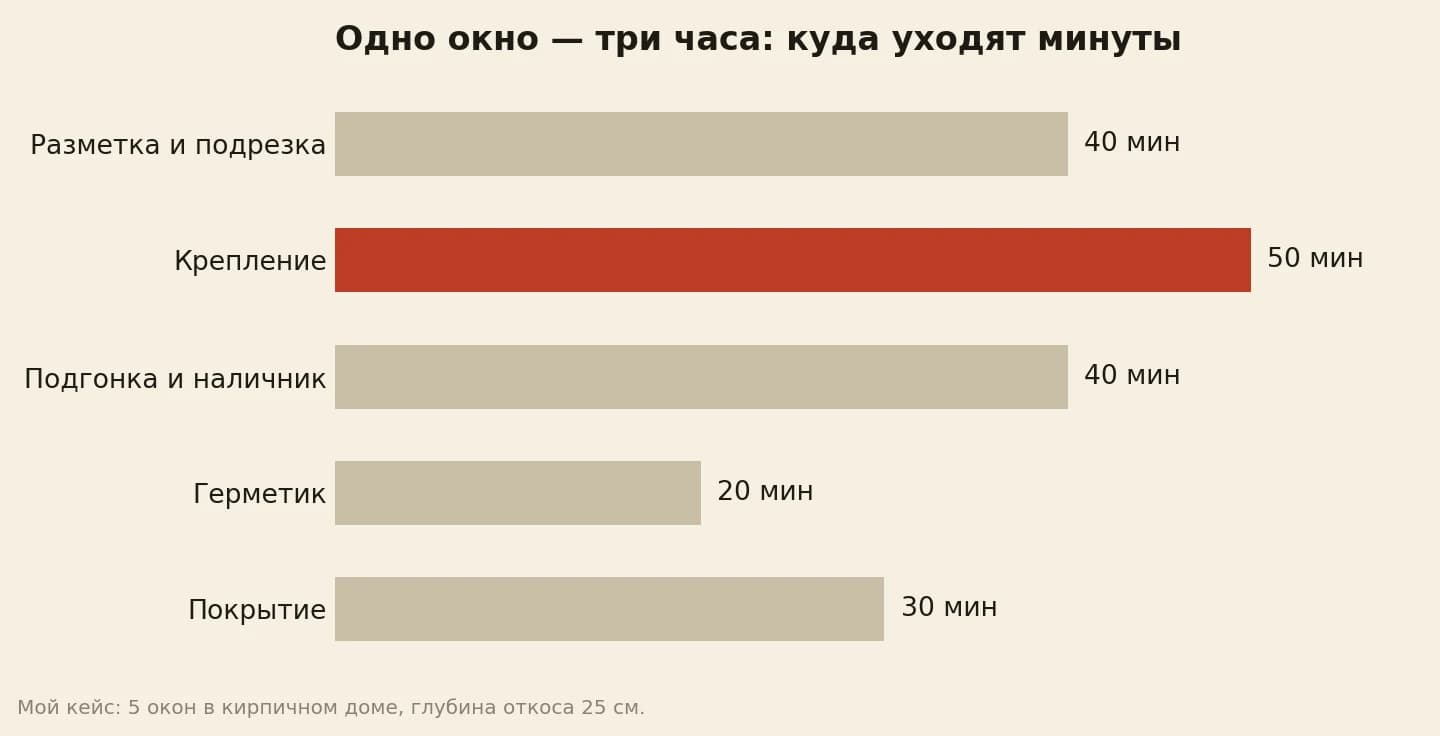 Минуты на деревянные откосы одного окна по этапам: разметка и подрезка 40, крепление 50, подгонка и наличник 40, герметик 20, покрытие 30