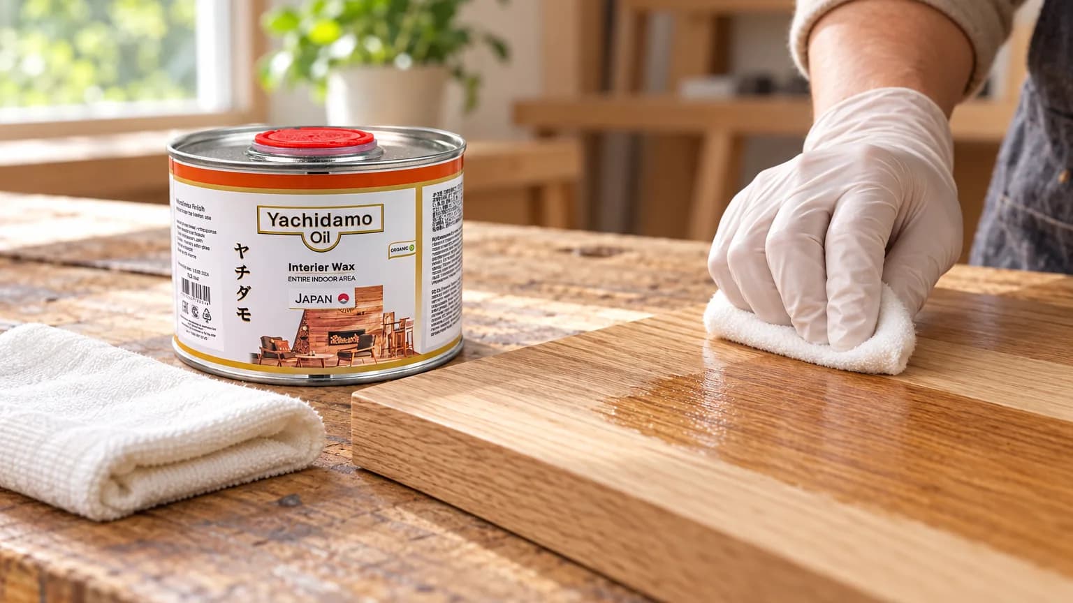 Банка Yachidamo Oil Interior Wax стоит рядом с дубовой панелью, в которую белой салфеткой втирают тонкий слой состава.