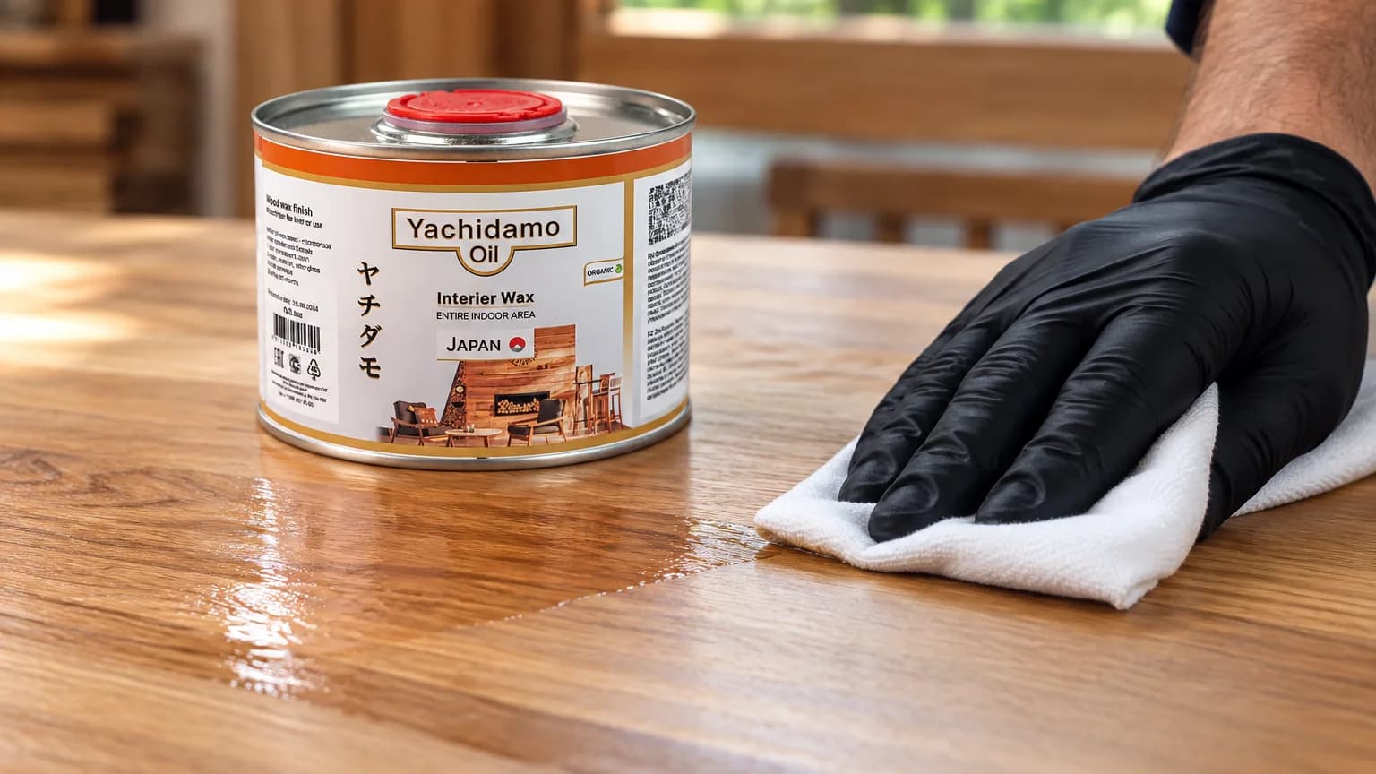 Банка Yachidamo Oil Interior Wax стоит на дубовой столешнице, с которой белой салфеткой снимают блестящий излишек масла.