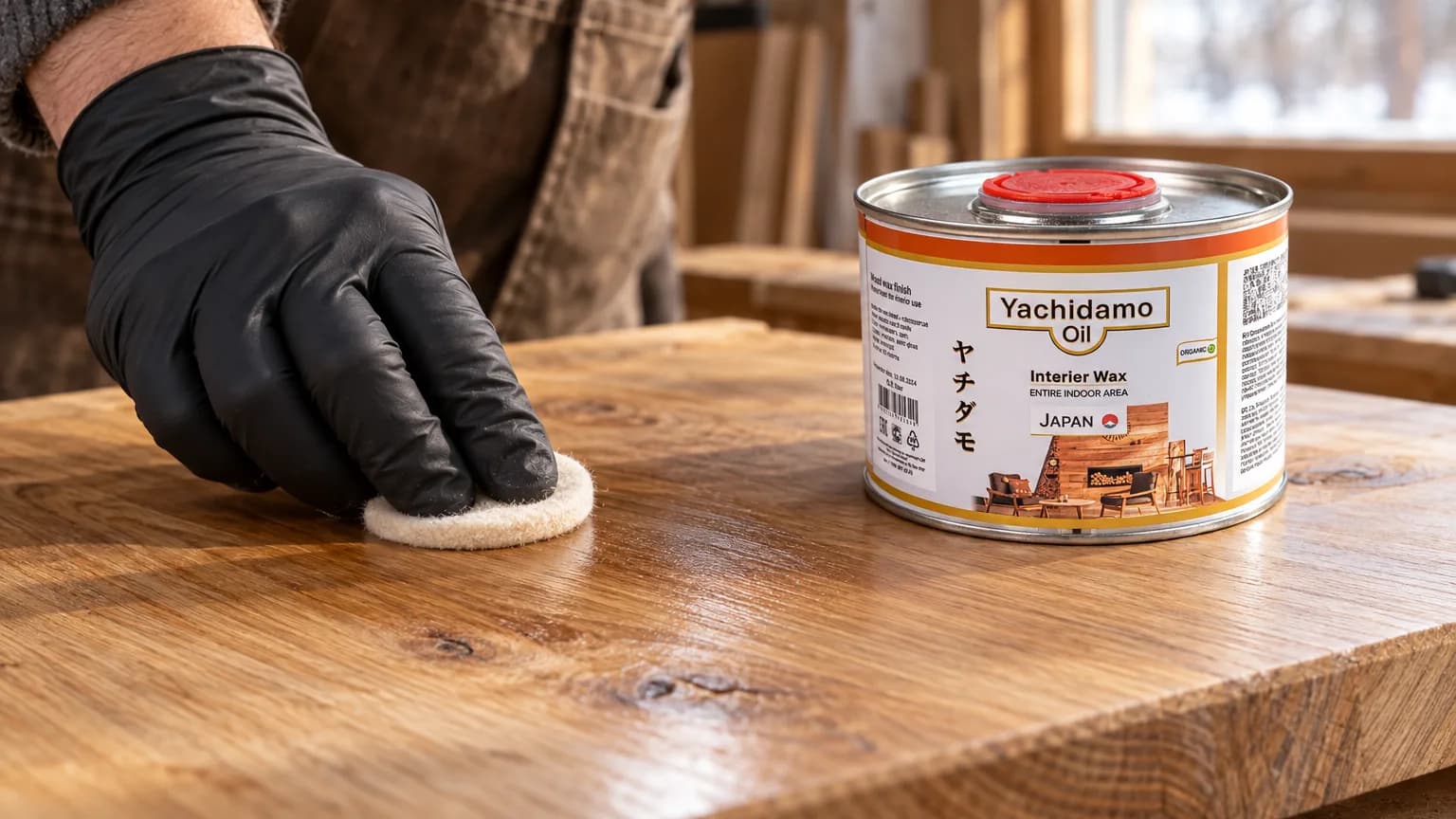 Рука в перчатке полирует деревянную панель мягким падом рядом с Yachidamo Oil Interior Wax.