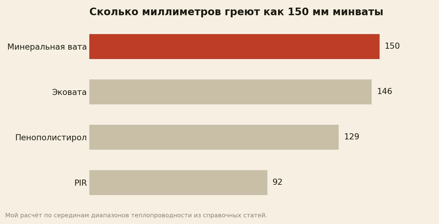 Толщина утеплителя, равная по теплу 150 миллиметрам минеральной ваты: эковата 146, пенополистирол 129, PIR 92 миллиметра