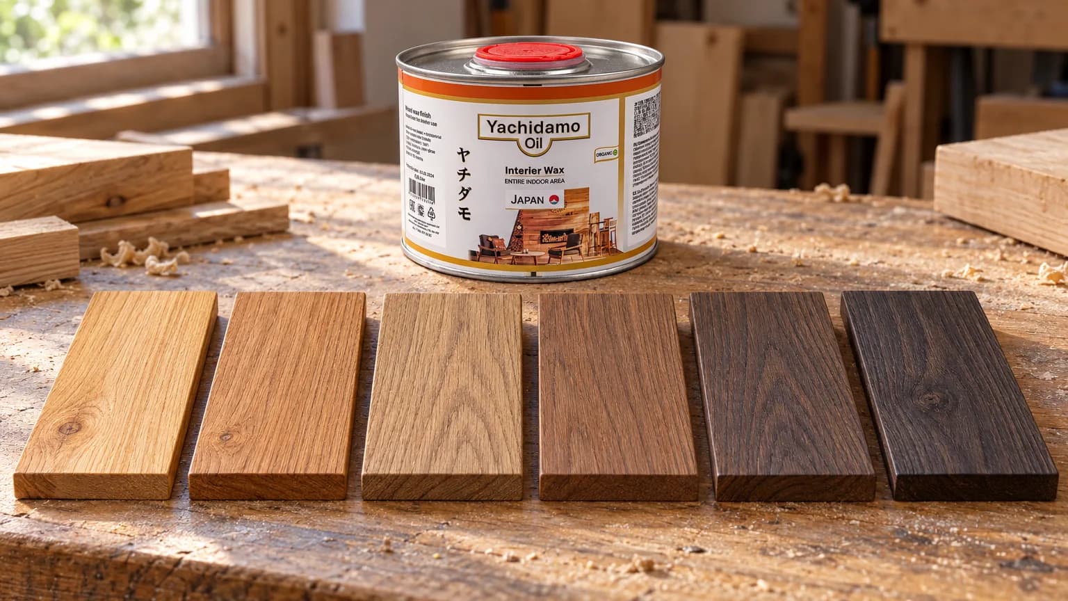 Банка Yachidamo Oil Interior Wax стоит рядом с дубовыми и сосновыми образцами тёплых и холодных коричневых оттенков.