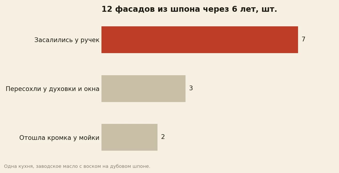 Что случилось с 12 шпонированными фасадами кухни за 6 лет: у 2 отошла кромка у мойки, 3 пересохли у духовки и окна, 7 засалились у ручек