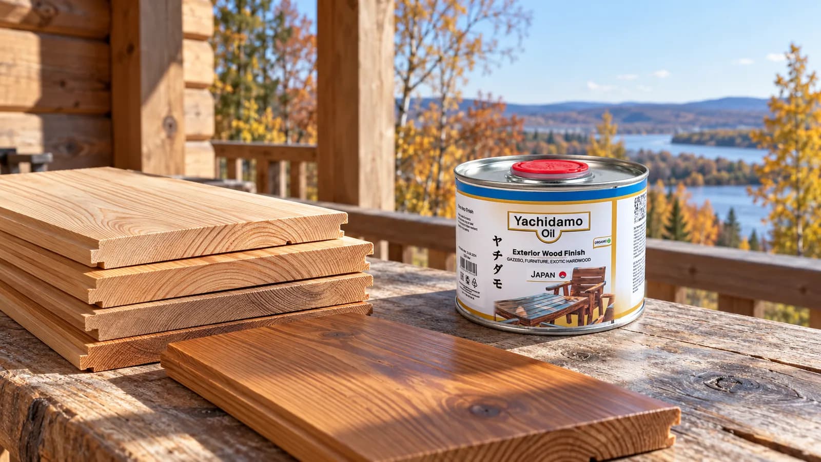 Образцы лиственницы и фирменная банка Yachidamo Exterior Wood Finish на веранде в осеннем Хабаровске