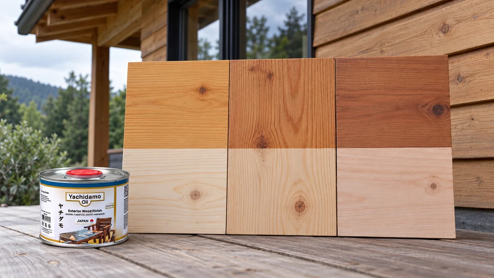 Банка Yachidamo Oil Exterior Wood Finish перед фасадными пробами сосны, лиственницы и кедра