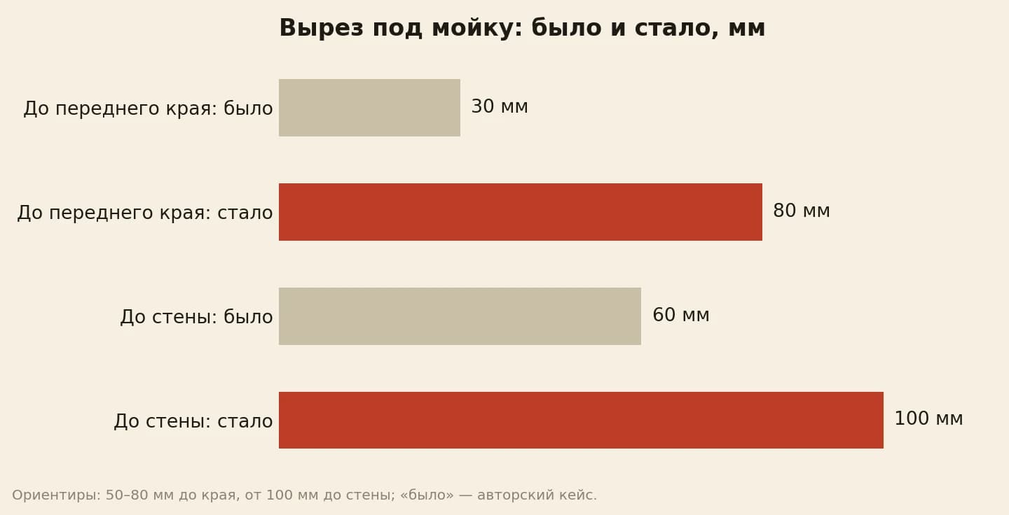 Отступы выреза под мойку в миллиметрах: до переднего края было 30, ориентир 50–80, сделали 80; до стены было 60, ориентир не меньше 100