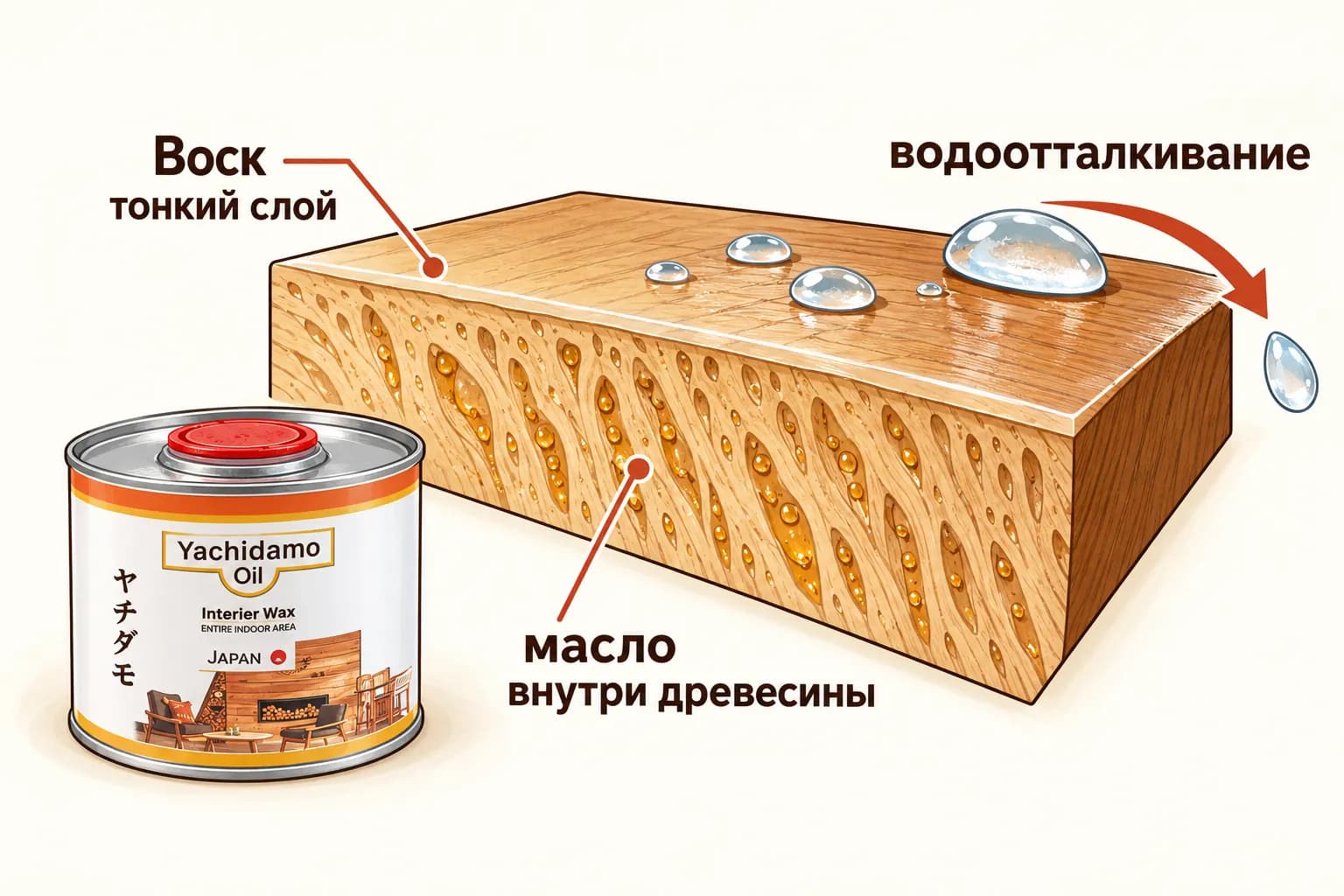 Масло защищает древесину внутри пор, а тонкий поверхностный слой воска усиливает водоотталкивание.