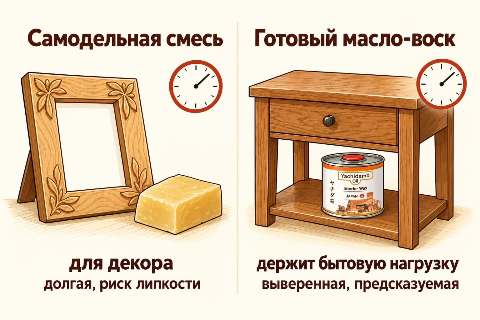 Самодельная смесь подходит для декора, готовый масло-воск предсказуемее сохнет и держит бытовую нагрузку.