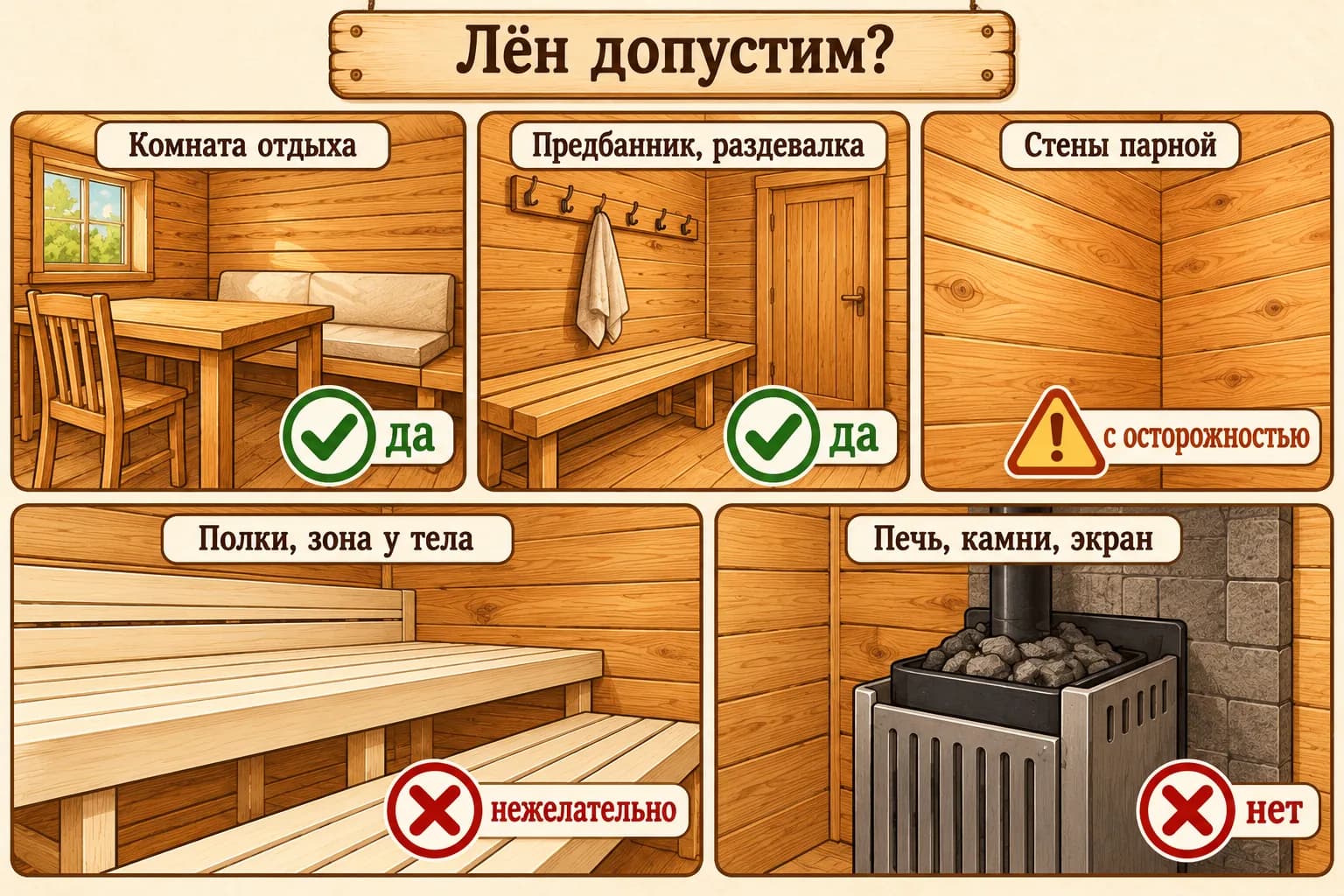 Лён допустим в комнате отдыха и предбаннике; на стенах парной — с осторожностью, на полках нежелателен, у печи не применяется.
