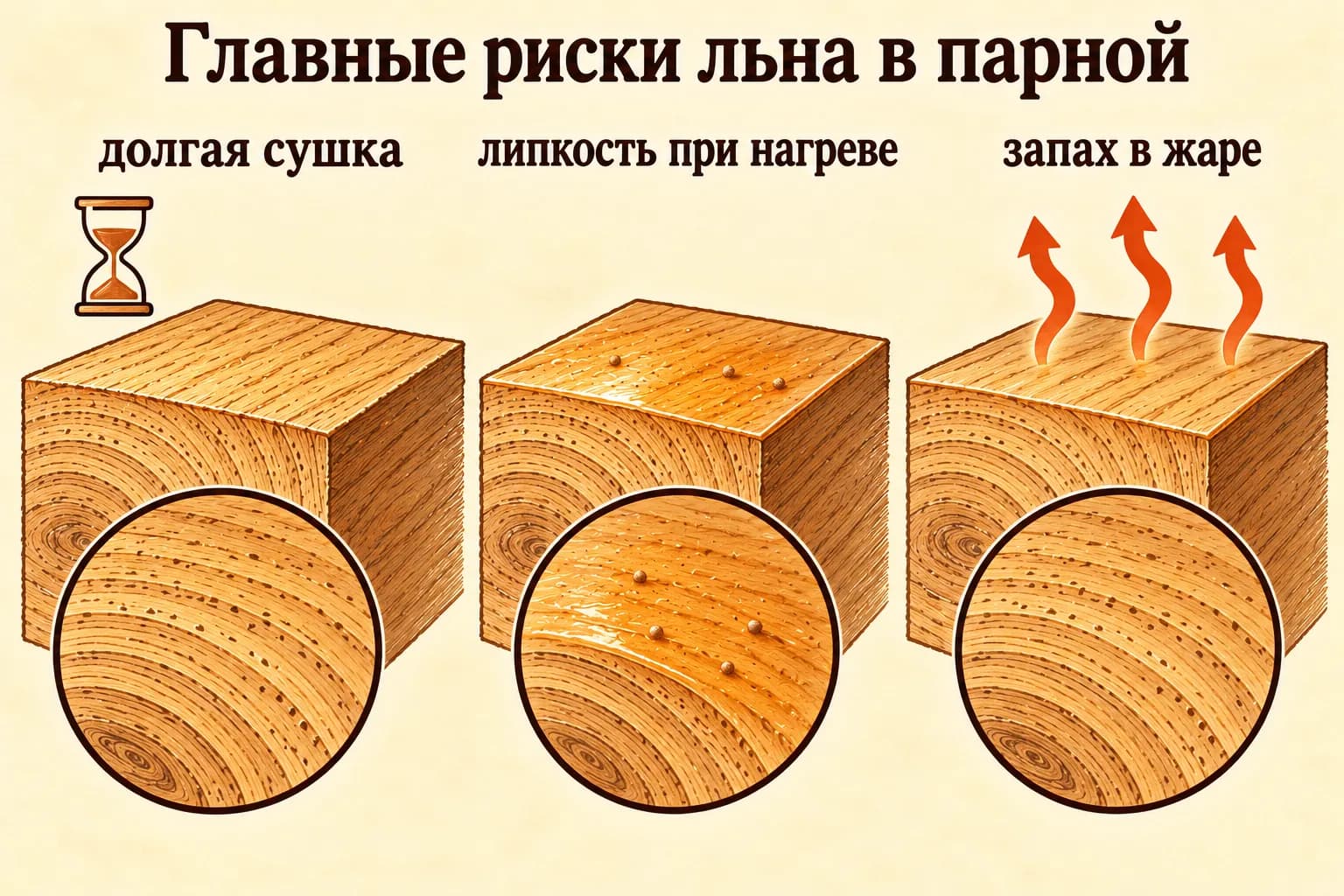 Недосохший лён требует долгой сушки; в парной он может оставаться липким и давать запах при нагреве.