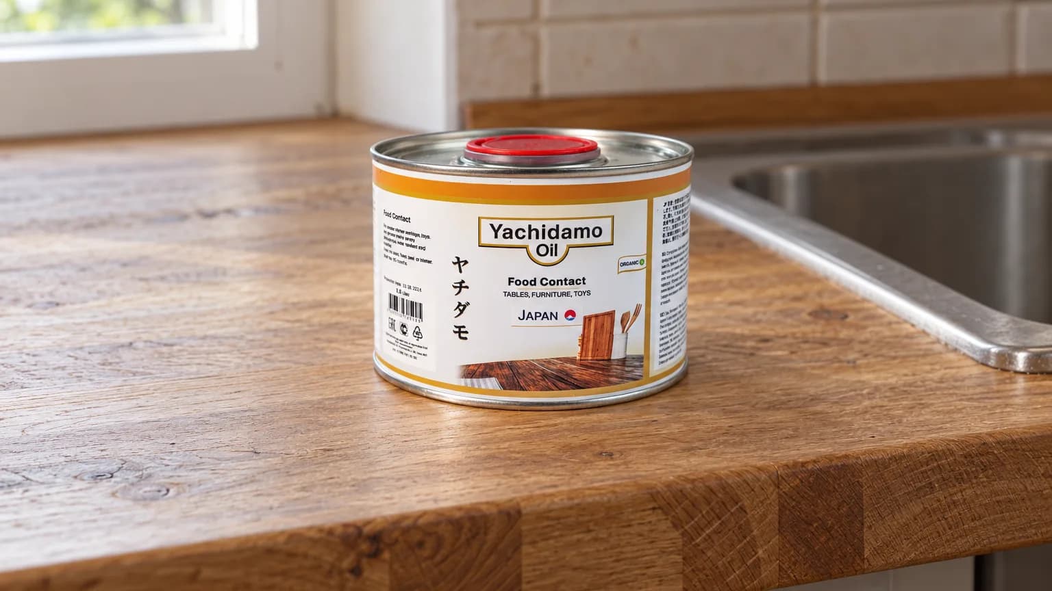 Банка Yachidamo Oil Food Contact у края дубовой кухонной столешницы рядом с мойкой.