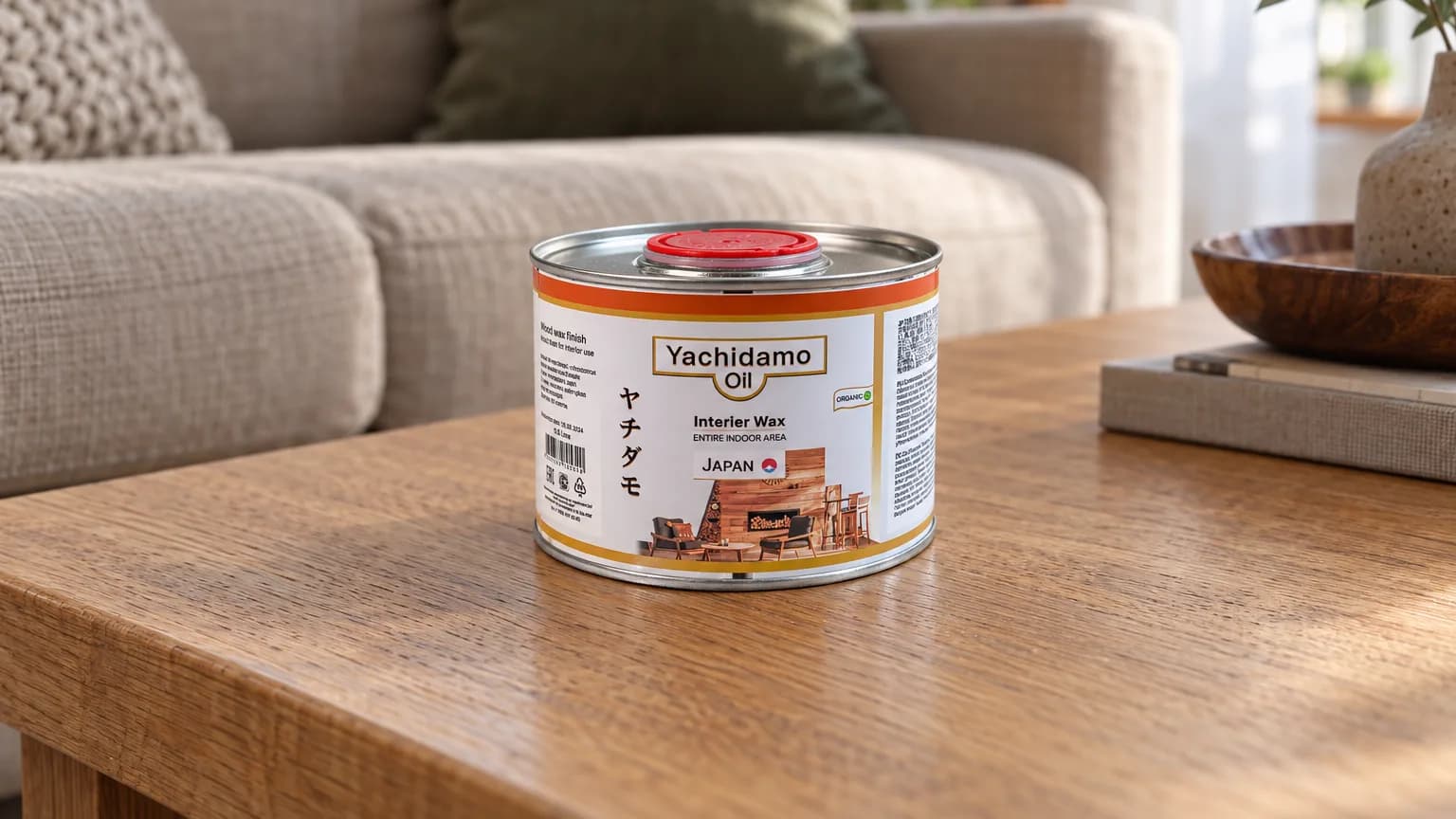 Банка Yachidamo Oil Interior Wax на дубовом журнальном столе с матовой поверхностью.