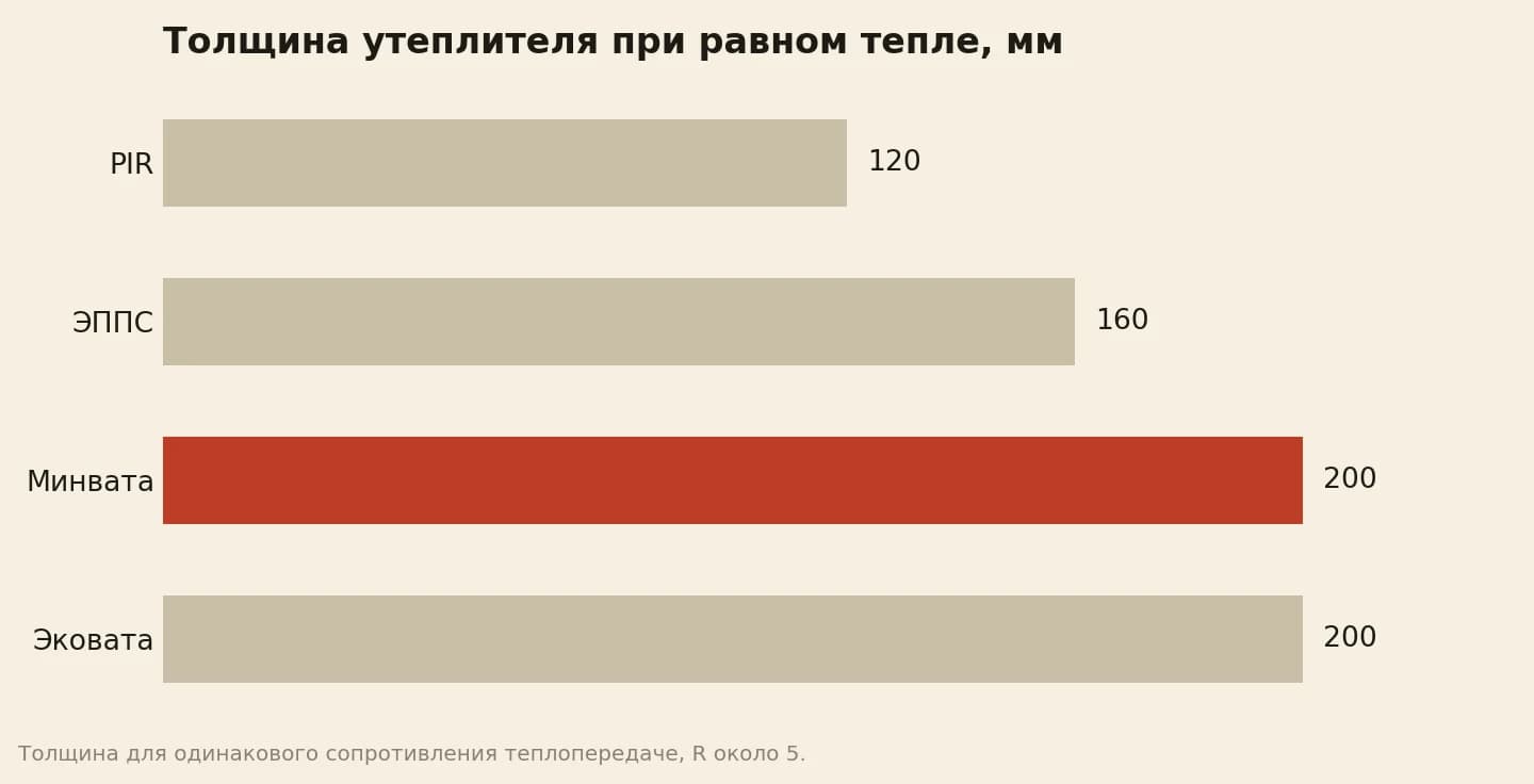 Толщина утеплителя при одинаковом тепле, миллиметров: PIR 120, ЭППС 160, минвата 200, эковата 200
