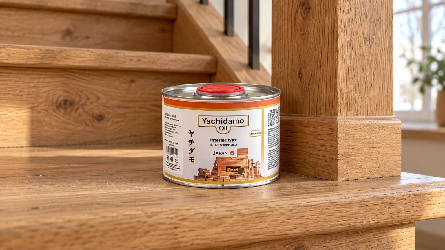 Банка Yachidamo Oil Interior Wax на площадке у деревянной лестницы с матовыми ступенями.