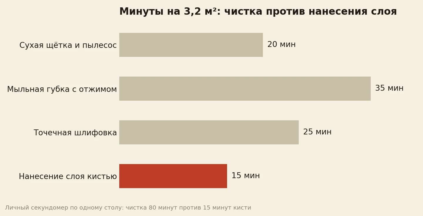 хронометраж по столу: сухая чистка 20, губка 35, шлифовка 25 и кисть 15 минут