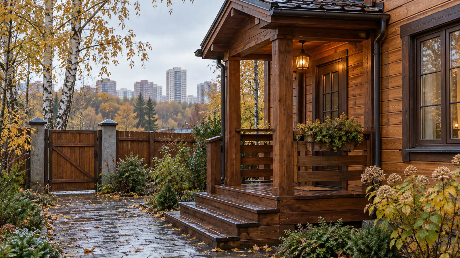 Деревянное крыльцо загородного дома после дождя на окраине Москвы.