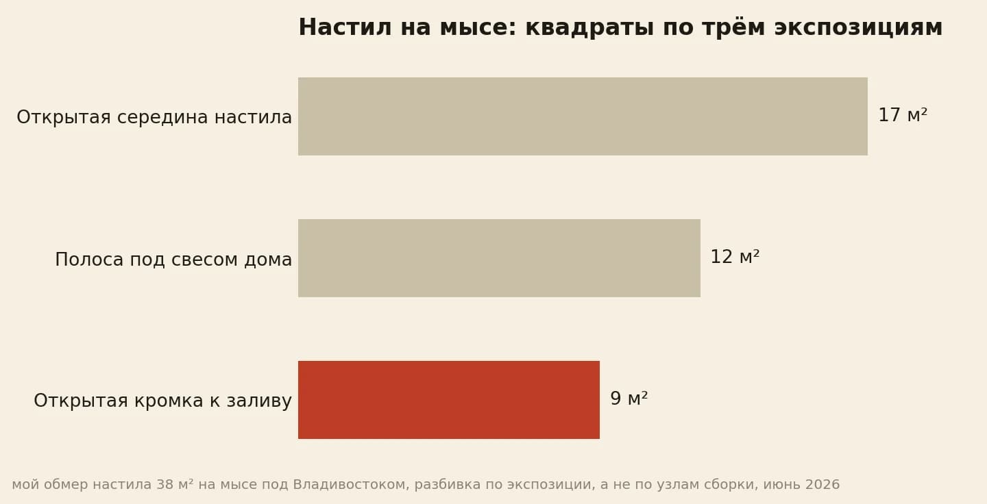 Настил на мысе по экспозиции: открытая кромка к заливу 9, открытая середина 17, полоса под свесом дома 12