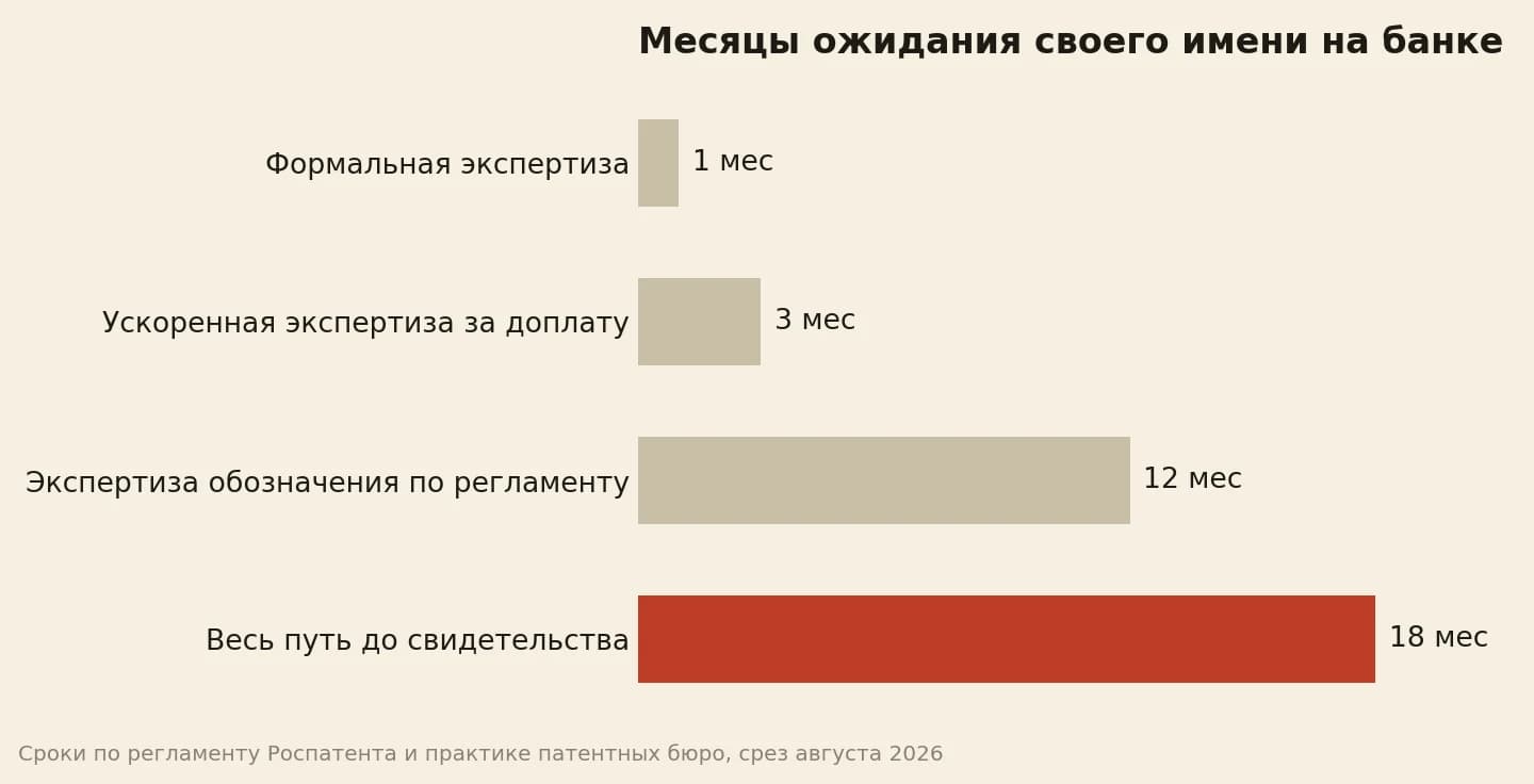 Сроки марки в месяцах: формальная экспертиза 1, ускоренная 3, экспертиза 12, весь путь 18