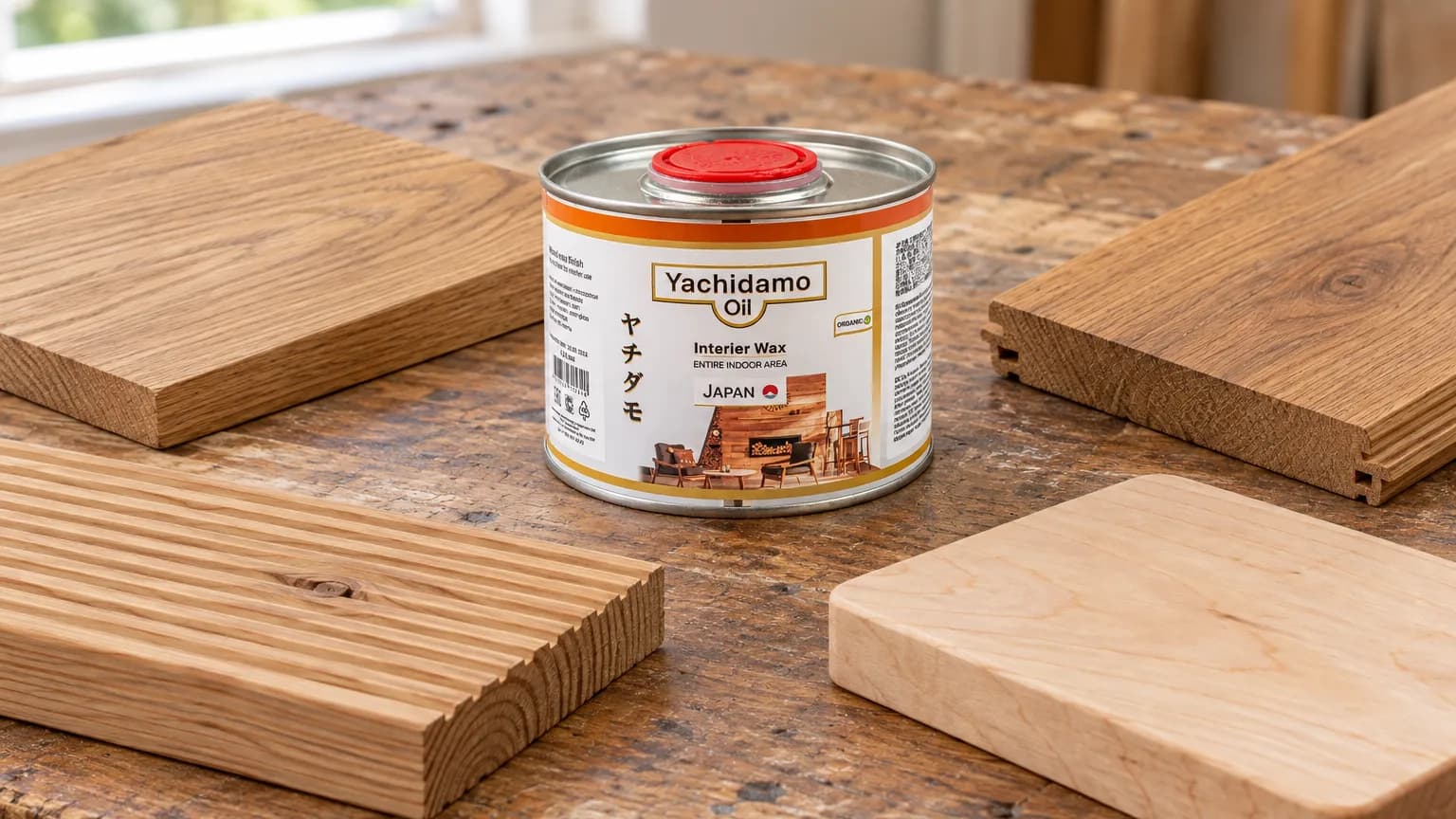 Банка Yachidamo Oil Interior Wax стоит среди деревянных образцов для мебели, пола, террасы и кухонной доски.