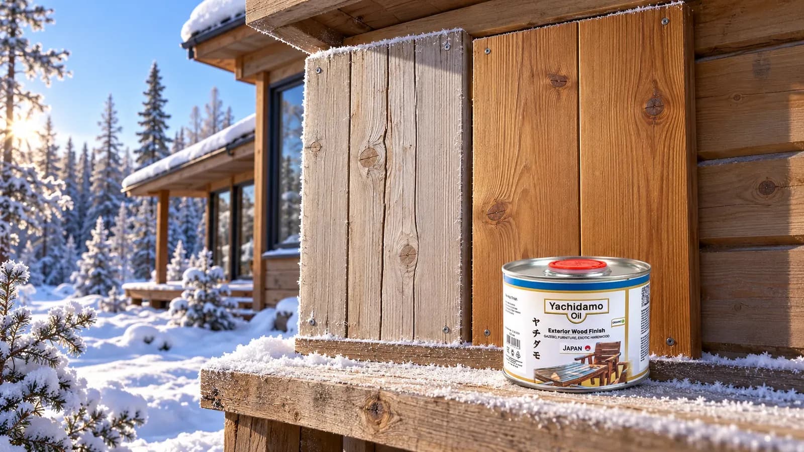 Образцы лиственницы и банка Yachidamo Exterior Wood Finish на фасаде в зимней сибирской тайге