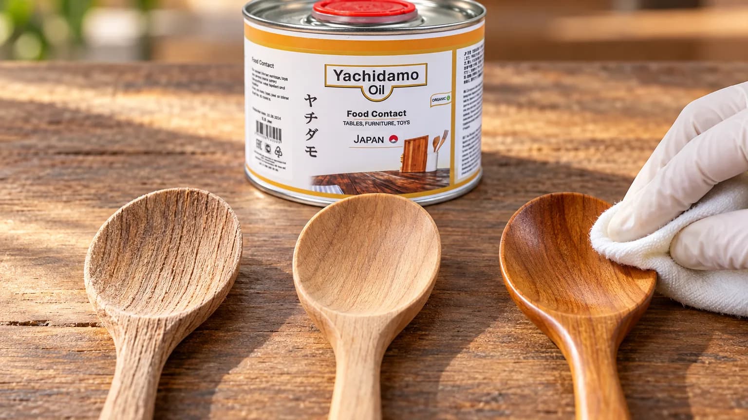Банка Yachidamo Oil Food Contact стоит за тремя деревянными ложками с грубым ворсом, гладкой поверхностью и масляным финишем.
