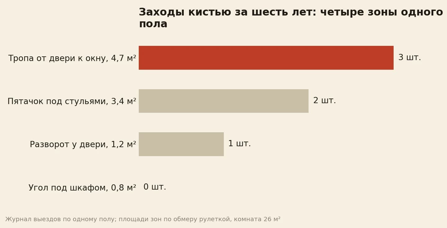 Тропа от двери к окну три захода кистью за шесть лет, угол под шкафом ни одного