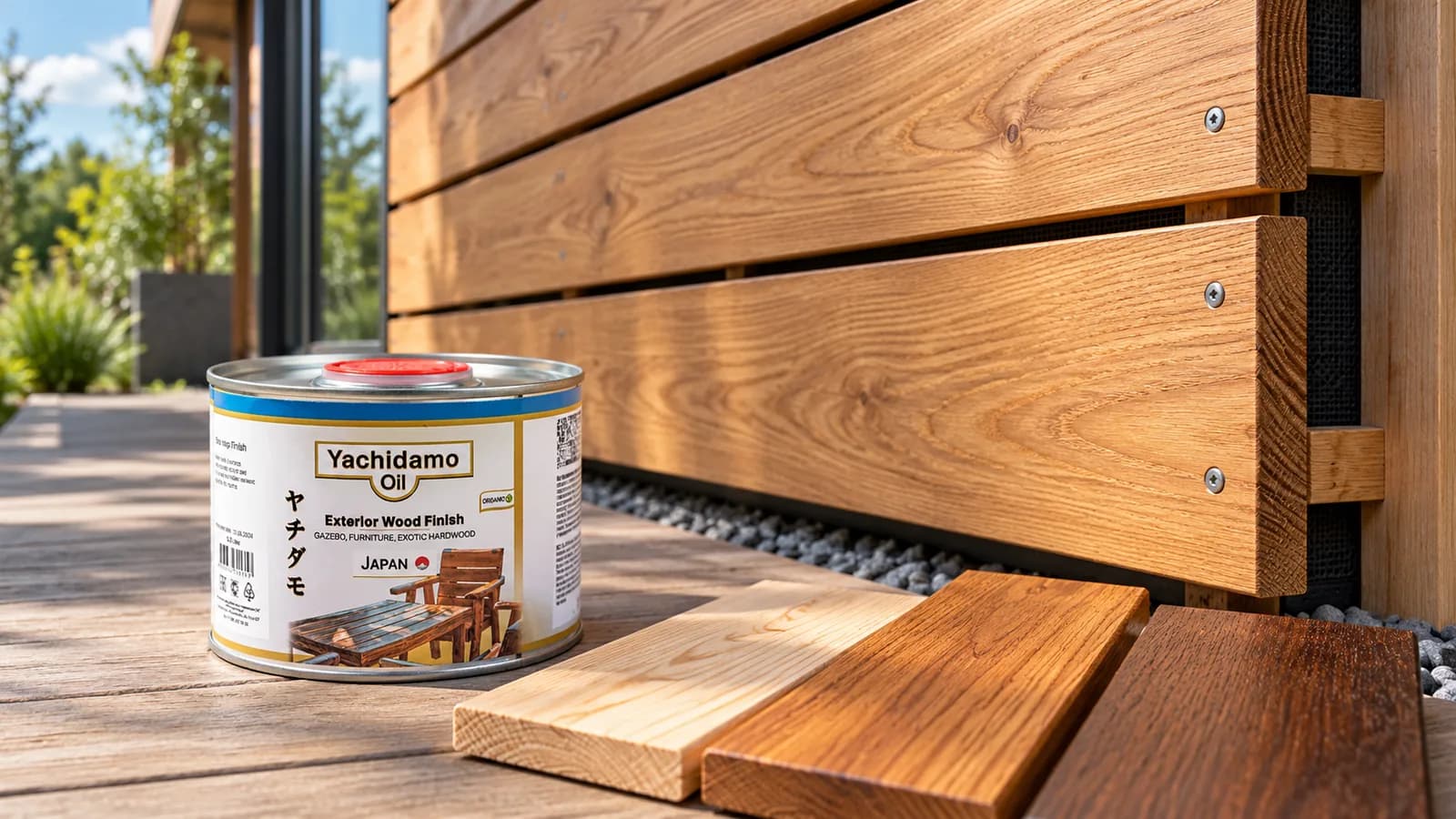 Фасад из горизонтального планкена, образцы досок и банка Yachidamo Oil Exterior Wood Finish на настиле