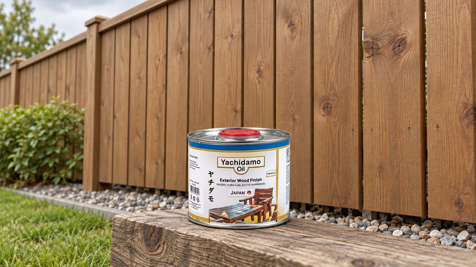 Банка Yachidamo Oil Exterior Wood Finish стоит у глухого забора с защищёнными торцами и зазором над грунтом.