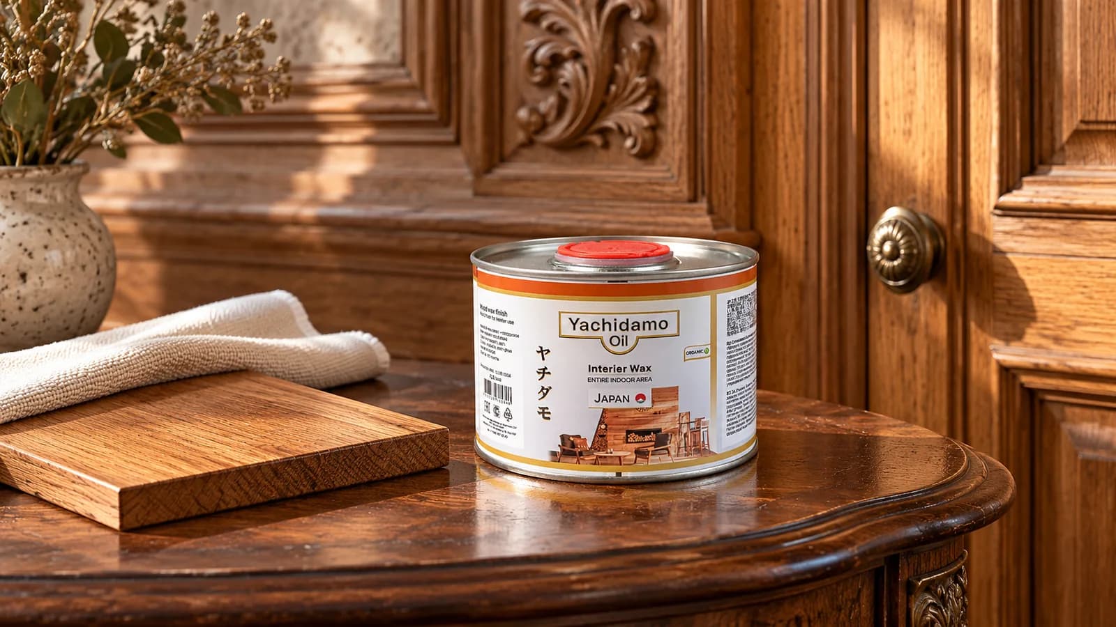 Резная дубовая панель, круглый столик с образцом и банка Yachidamo Oil Interior Wax