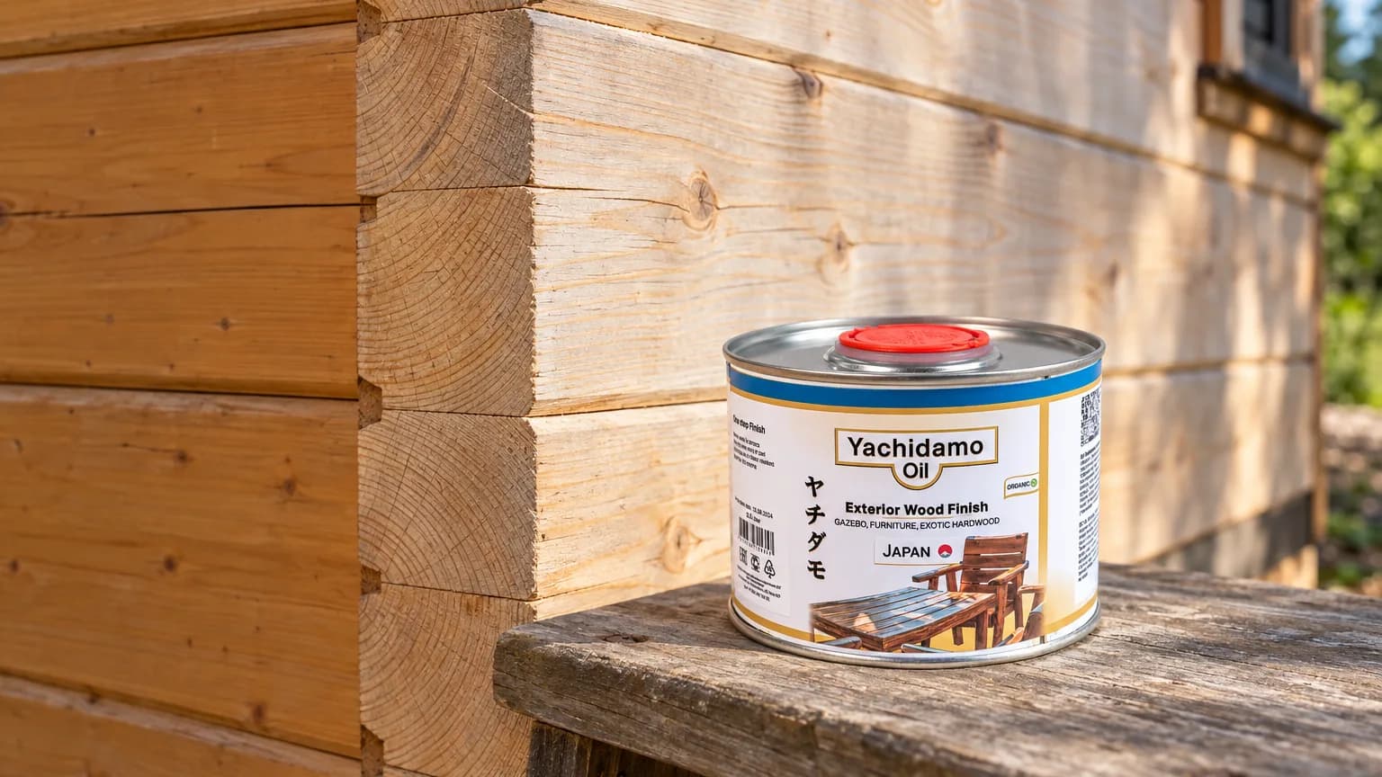 Банка Yachidamo Oil Exterior Wood Finish стоит у угла фасада из клееного бруса с видимыми ламелями.
