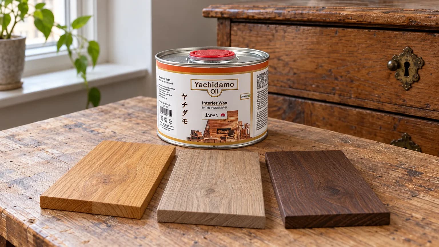 Деревянные образцы оттенков на столе рядом со старым комодом и Yachidamo Oil Interior Wax.