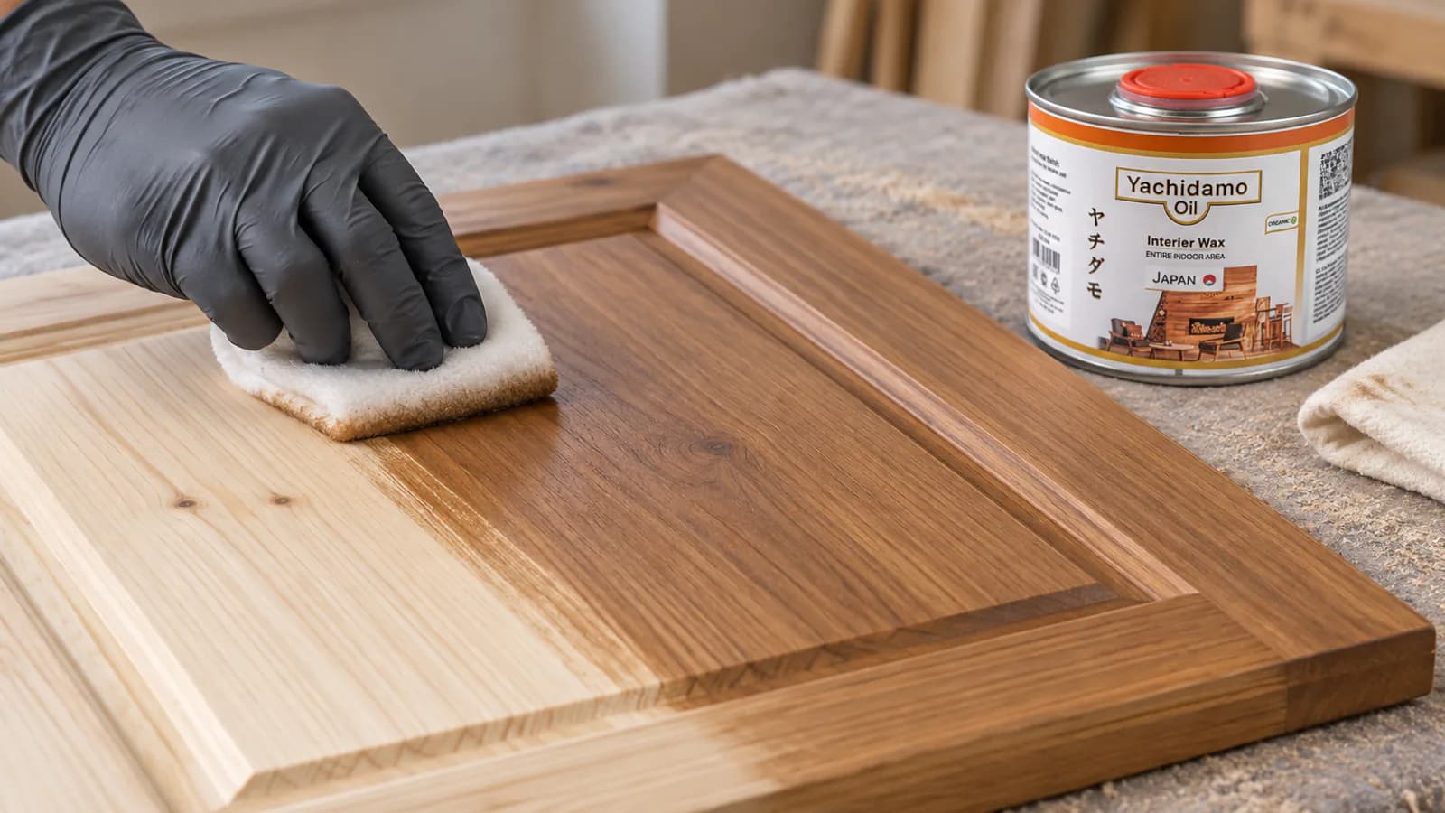Колерованное Yachidamo Interior Wax равномерно втирают в сосновый мебельный фасад.