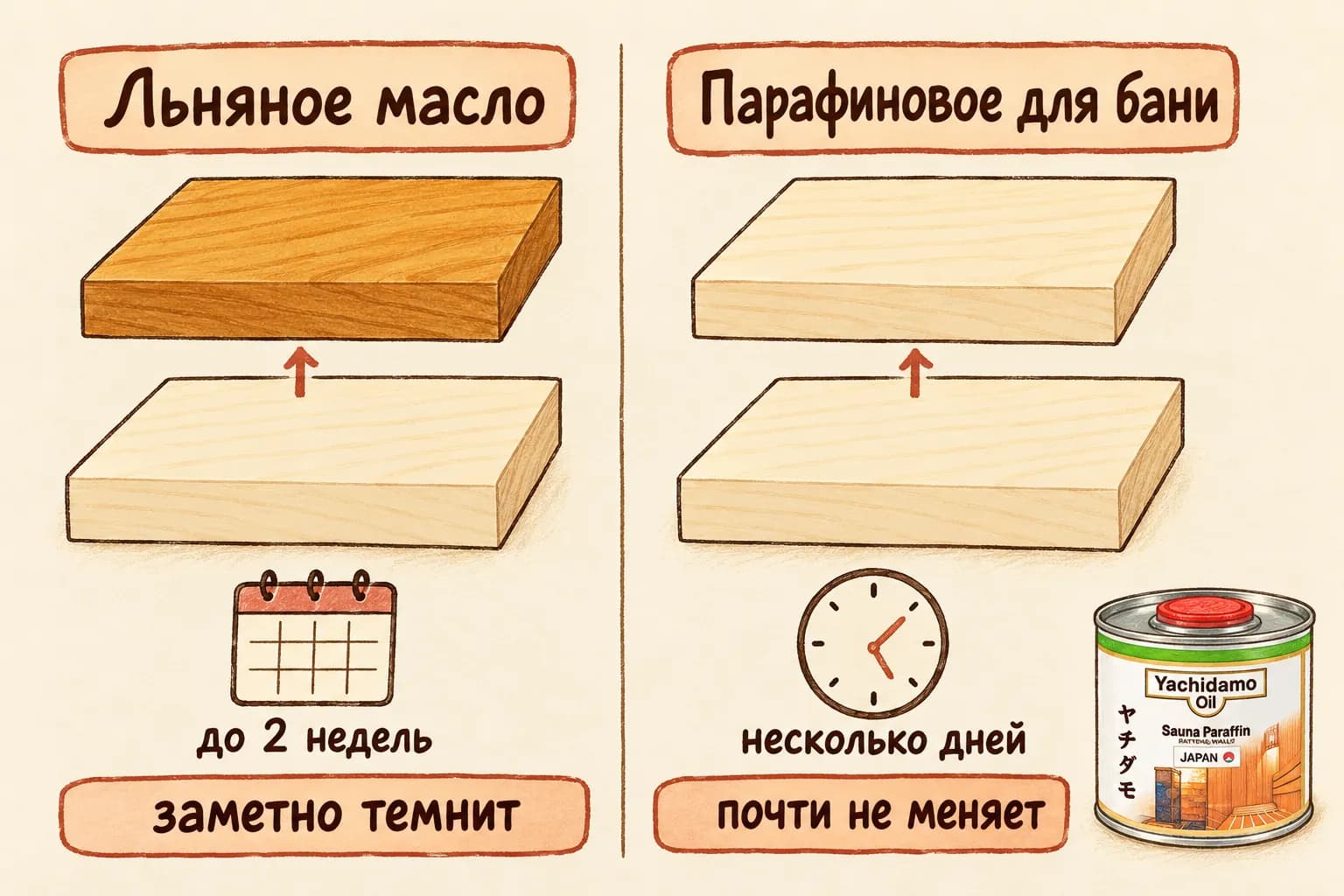 Льняное масло темнит светлую доску и полимеризуется до 2 недель; банное парафиновое почти не меняет цвет и сохнет несколько дней.