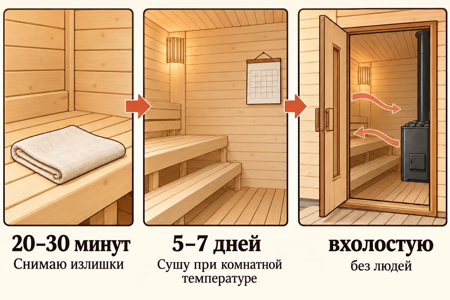 Снятие излишков через 20–30 минут, выдержка 5–7 дней при комнатной температуре и первая протопка вхолостую без людей.