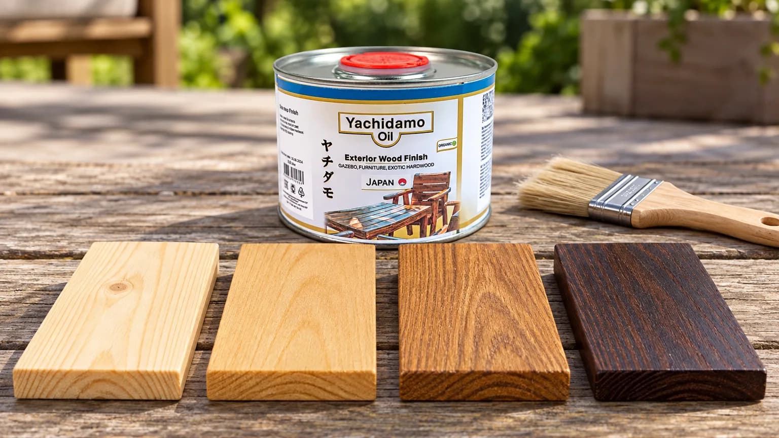 Банка Yachidamo Oil Exterior Wood Finish стоит за четырьмя сосновыми образцами прозрачного, берёзового, дубового и тёмного тона.