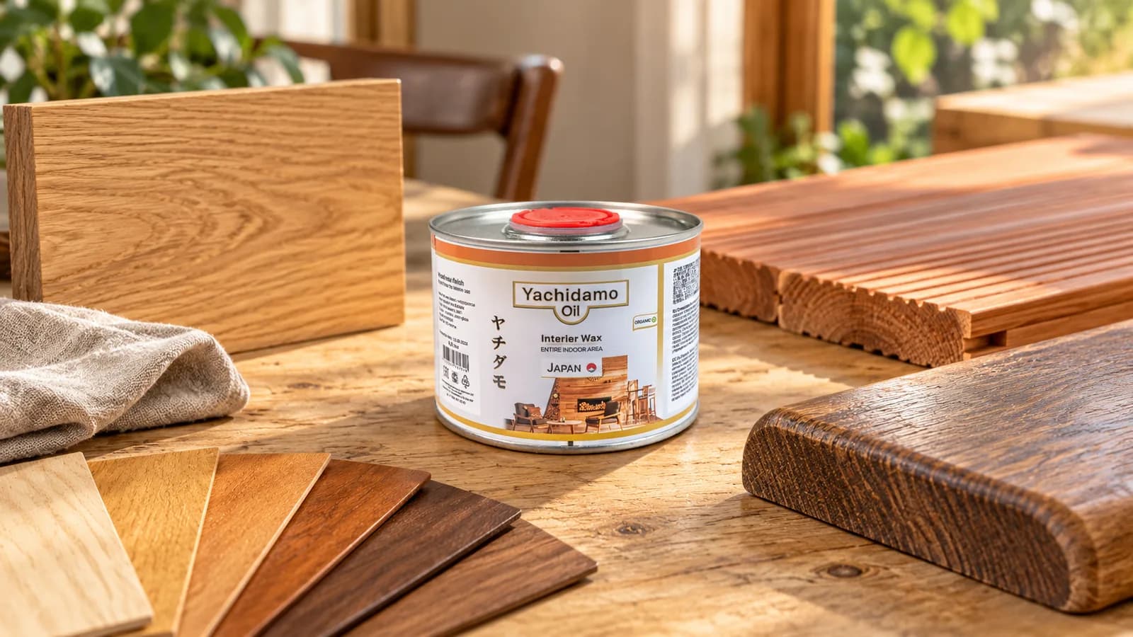 Банка Yachidamo Oil Interior Wax на верстаке среди образцов разных тонов, дубовой и тёмной досок