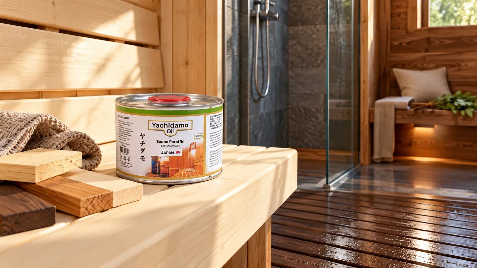Банка Yachidamo Oil Sauna Paraffin на полке в бане рядом с бруском, образцами и душевой