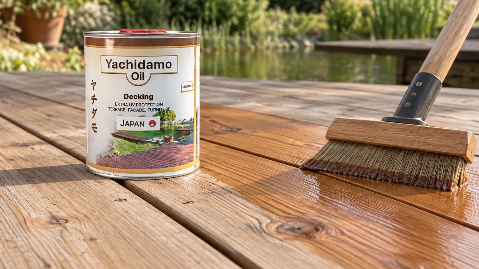 Банка Yachidamo Oil Decking стоит на наружном настиле рядом с широкой кистью и свежепромасленными досками.