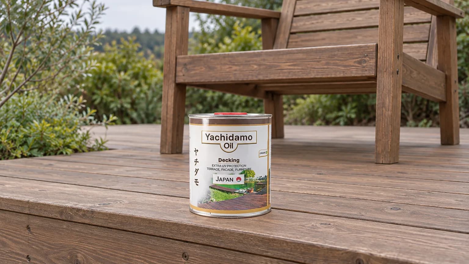 Банка Yachidamo Oil Decking стоит рядом с матовым лиственничным настилом и садовым креслом одинакового оттенка.