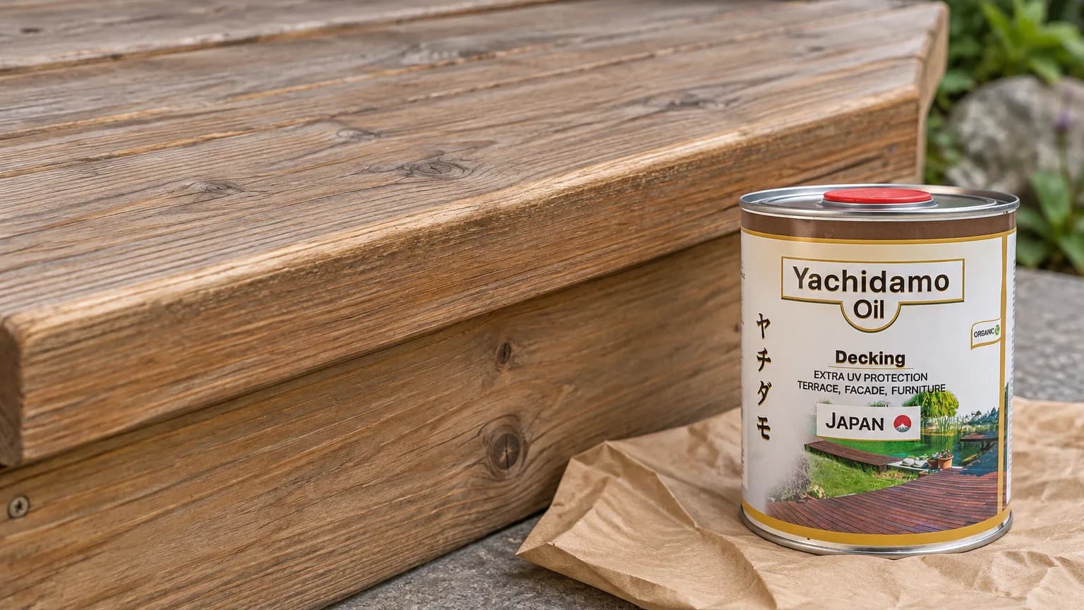 Банка Yachidamo Oil Decking стоит у матовой лиственничной ступени с небольшим естественным износом передней кромки.