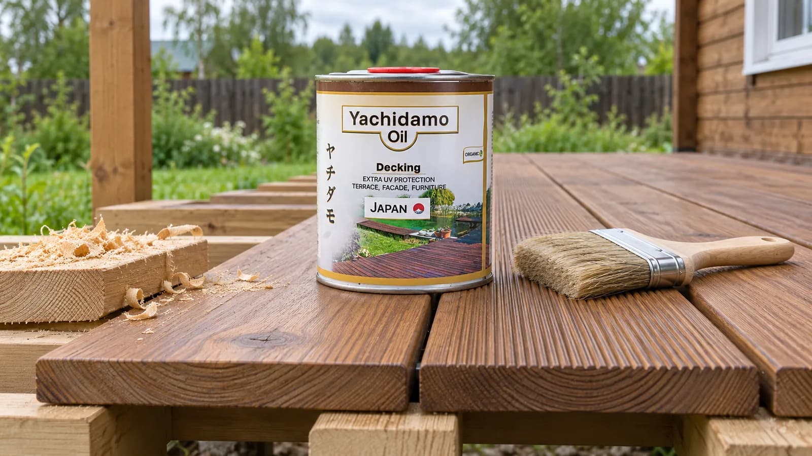 Банка Yachidamo Decking на гладкой и рифлёной террасных досках рядом с кистью