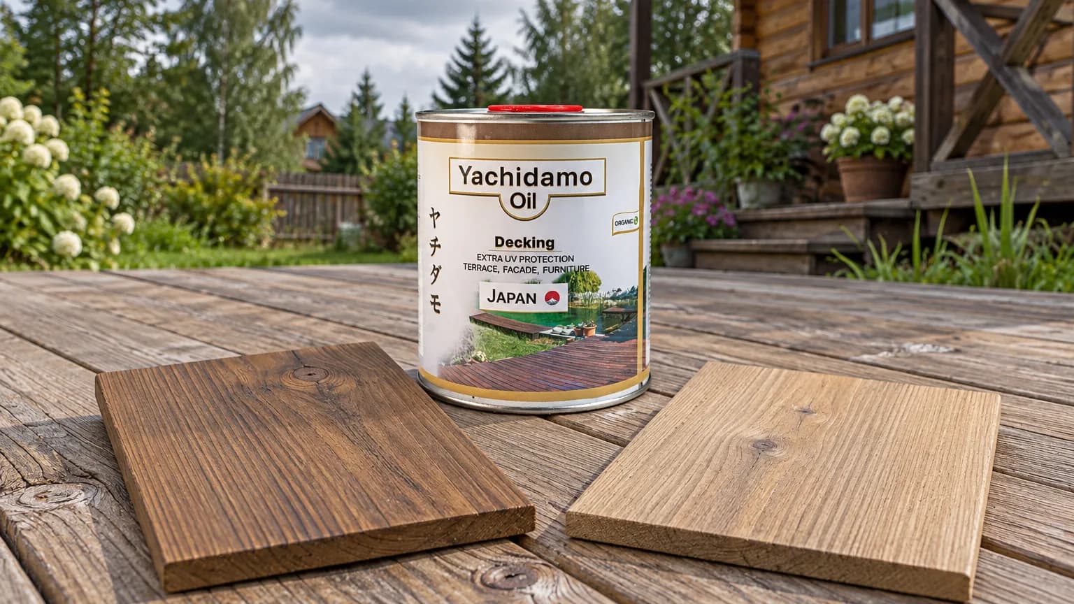 Два образца террасной доски спокойных оттенков рядом с банкой Yachidamo Decking.
