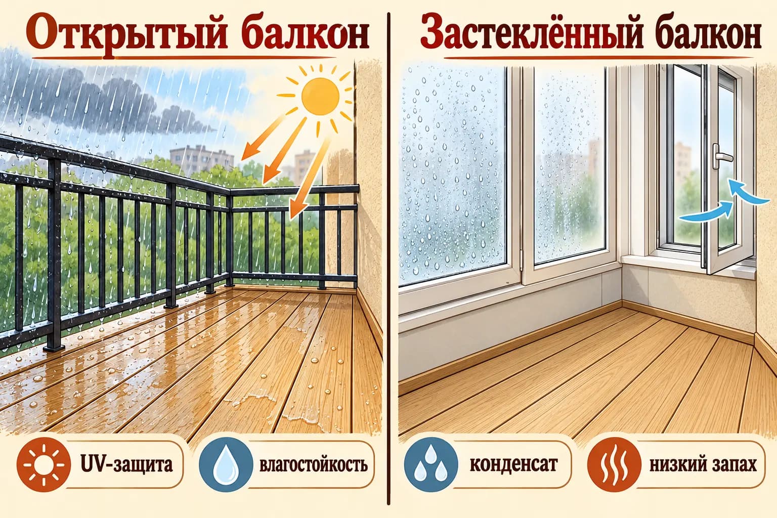 На открытом балконе важны UV-защита и влагостойкость; на застеклённом — стойкость к конденсату и низкий запах.