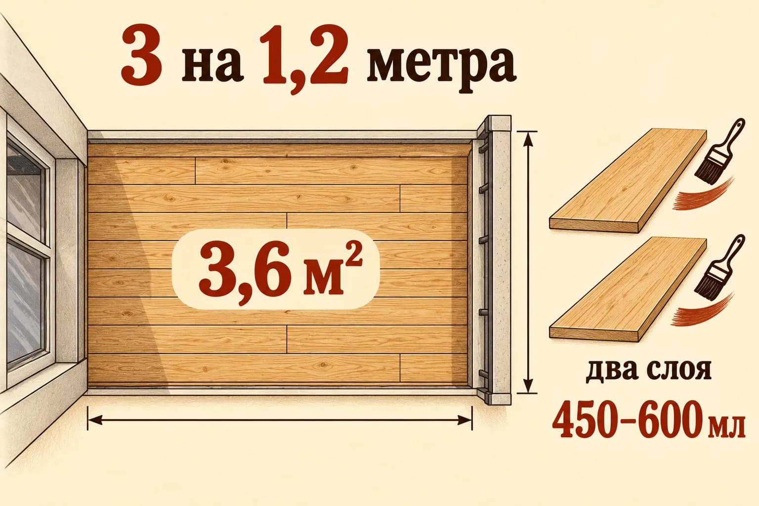 На балкон 3 на 1,2 метра, площадью 3,6 м², статья отводит порядка 450–600 мл масла на два тонких слоя.