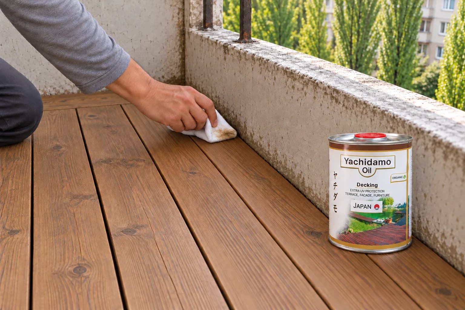 Край очищенного лиственничного пола у парапета тонко протирают Yachidamo Decking, сохраняя зазор и снимая излишки.