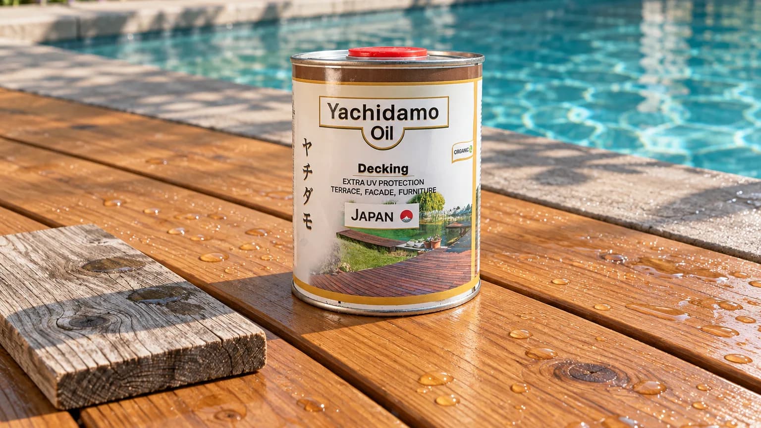 Банка Yachidamo Decking стоит на лиственничном настиле у бассейна среди капель воды и рядом с выветренным образцом.